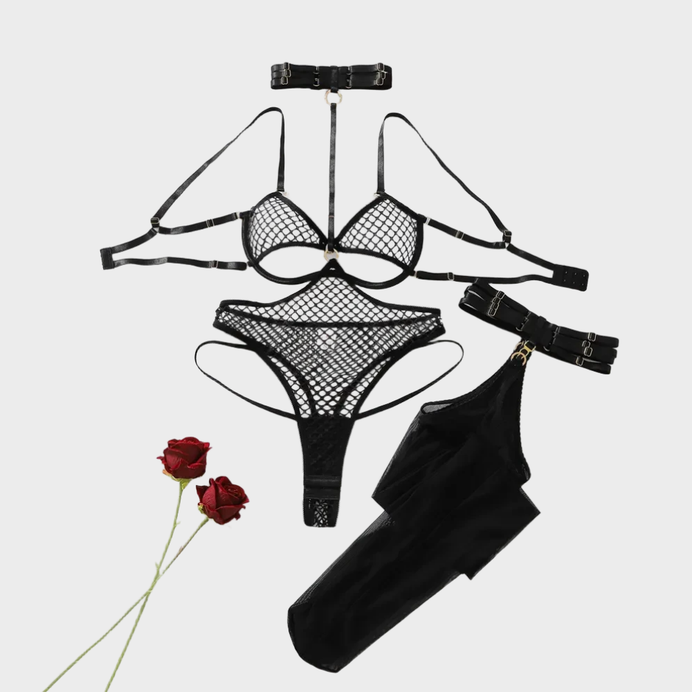 Zwarte visnetlingerieset voor  - Fishnet Stocking Women recensie en prijs